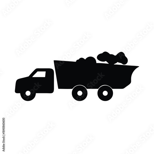 A black silhouette of a dump truck filled with material is shown against a white background.