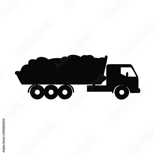 A black silhouette of a dump truck loaded with debris is shown against a white background.