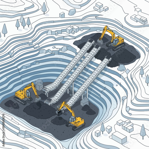 Open-pit mining operation with excavators and conveyor belts extracting resources.