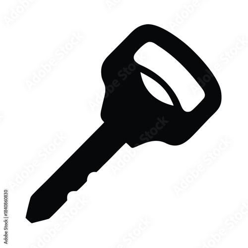 A solitary black silhouette of a car key is presented against a stark white background.
