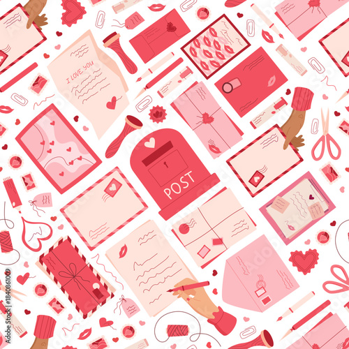 Love mail seamless pattern doodle background with heart, envelope, note and card elements. Message and postbox in seamless background. Perfect for mail themed paper or card creative template.