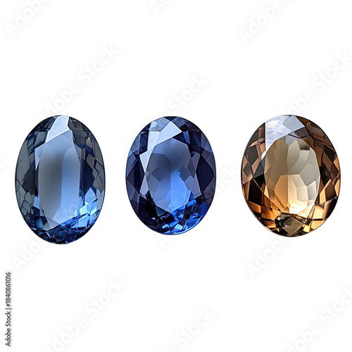 Three faceted oval gems, shades of blue and golden amber
