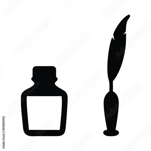 An ink bottle and a quill pen are depicted in silhouette on a white background.