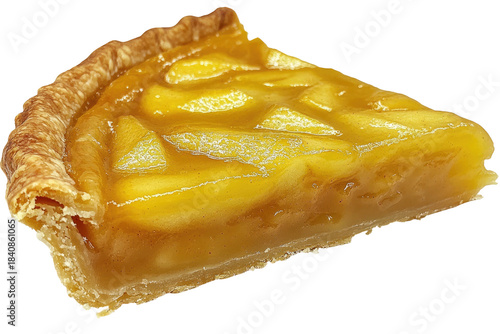 A slice of golden apple pie with a flaky crust