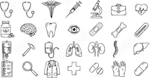 Medical Healthcare Icons Set Hand-drawn Black and White Line Art. Collection of various doctor tools, human organs, and hospital symbols for diagnosis and treatment.