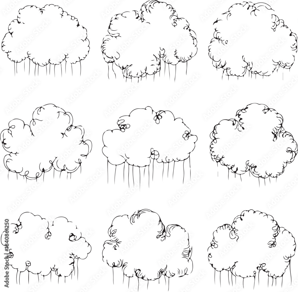 Fototapeta premium Hand-Drawn Cloud Illustration Set Featuring Sketch-Style Puffy Clouds, Dripping Rain Effects, and Cartoon Weather Elements in Black Vector Line Art