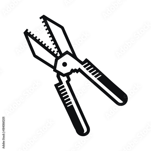 A pair of open wire cutters with serrated jaws and black handles on a white background.
