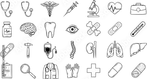 Hand Drawn Black and White Line Art Medical Healthcare Doodle Icons Set with Anatomy, Tools, and Symbols