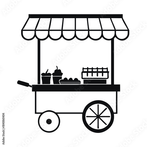 A silhouette of a food cart with a striped awning displays snacks and drinks.