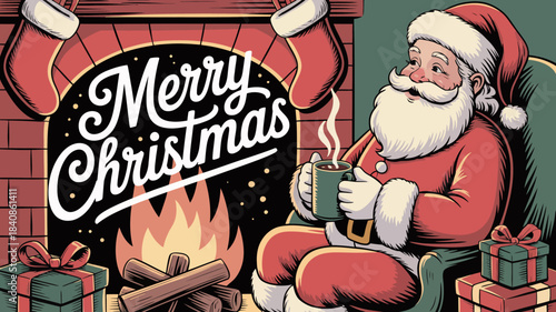 Santa Claus relaxing by a warm fireplace with a steaming mug, surrounded by Christmas decorations and presents, with "Merry Christmas" text.