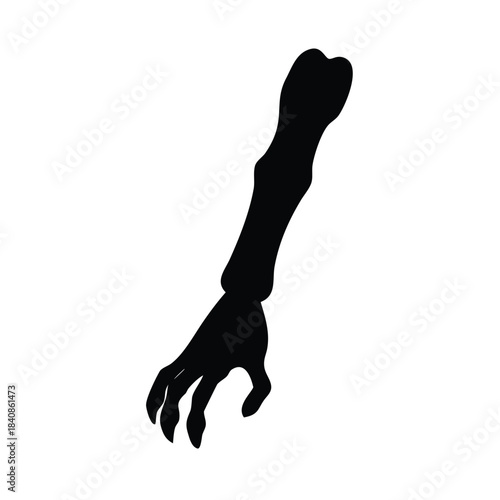 A black silhouette of a skeletal arm with sharp claws reaches out.