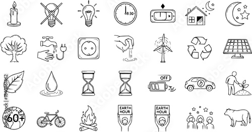 Earth Hour Energy Saving and Eco Sustainability Hand Drawn Outline Icons Set - Conservation and Renewable Energy Doodle Vector Art