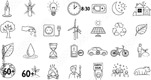 Hand-Drawn Black and White Line Art Icons for Earth Hour and Environmental Conservation, featuring Energy Saving, Renewable Energy, and Sustainability Symbols