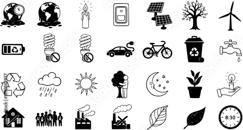 Environmental  Sustainable Doodle Line Art Glyph Icon Set. Black and White Eco Symbols for Climate Change, Renewable Energy, Green Living, Pollution, and Conservation Projects.