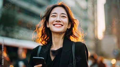 Young happy Asian business woman wearing suit holding mobile phone standing in big city on busy downtown street