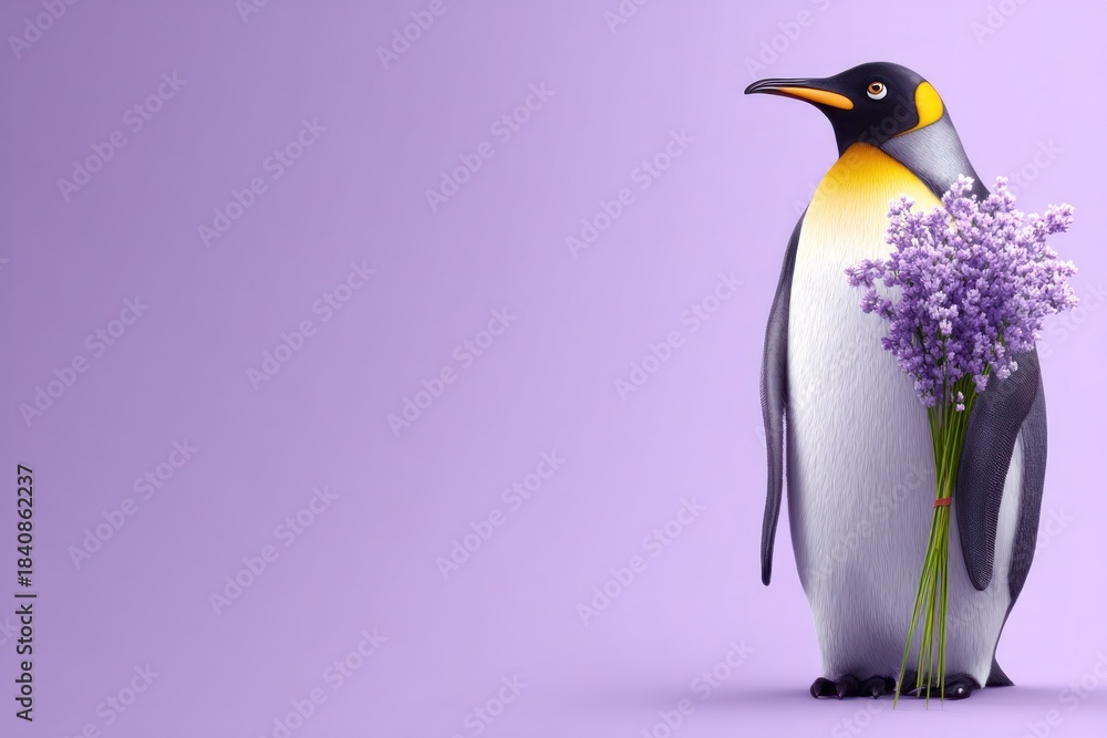 Naklejka premium A stylized penguin holds a bouquet of purple flowers against a gradient purple background