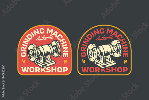 Bench grinder with safety shield retro badge logo design set for workshop. Grinding machine vintage emblem illustration pack for industrial. Grinding tool rustic patch element design for machinery