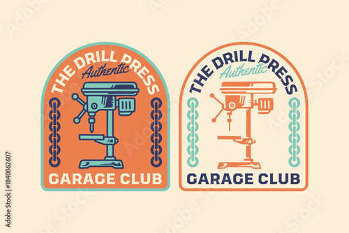 Drill press bench retro badge logo design set for workshop. Drill press machine vintage emblem illustration pack for manufacturing . Drilling machine rustic patch element design for industrial