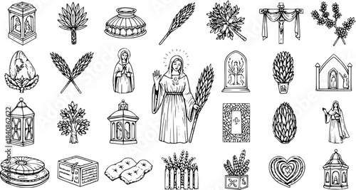 Black and White Line Art Religious Icons: Cross, Lanterns, Wheat, Saints, Church, Heart, Tree