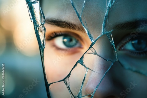 A woman's piercing blue eye stares through a shattered mirror piece, revealing fractured reflections of her face and an obscured gaze