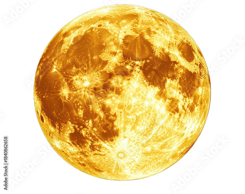 Radiant, golden, full moon illuminates dark, void backdrop