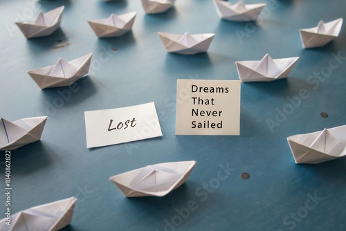 Paper boats lost on a blue grey surface with messages 'Dream That Never Sailed