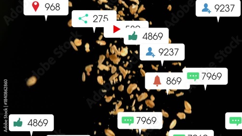 Flakes dropping mid column, alert bubbles rising when alerts start, showing overload