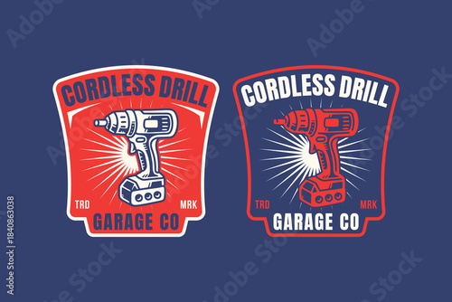 Cordless drill tool retro badge logo design set for mechanic. Power drill unit vintage emblem illustration pack for workshop. Battery drill rustic patch element design for industrial