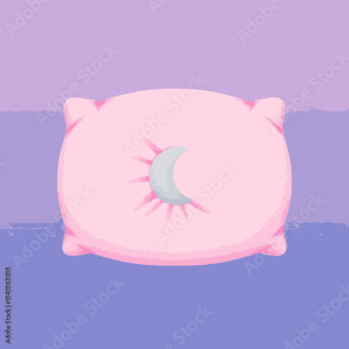 A soft pink pillow featuring a serene crescent moon and subtle sun rays design, set against a tranquil gradient purple background, symbolizing restful sleep.