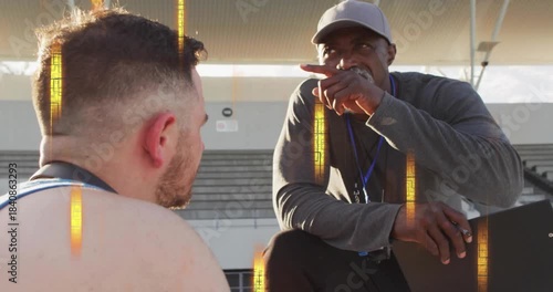 Coach tapping clipboard, instructing seated athlete in sports, with animated arrows correcting form