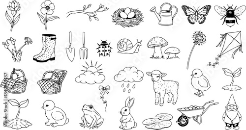 Black and White Line Art Spring Icons: Nature, Animals, Gardening, and Weather Elements