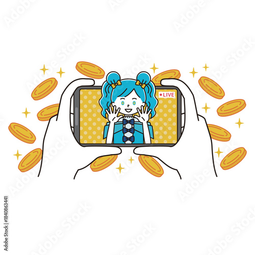 ライブ配信をする女性アイドルと舞い散るコインのイラスト