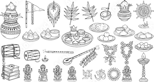 Indian Hindu Festival Line Art Set: Traditional Puja Elements, Deities (Ganesha, Lakshmi), Spiritual Symbols (Om, Swastika), Festive Sweets, and Cultural Objects in Black  White Outline Style