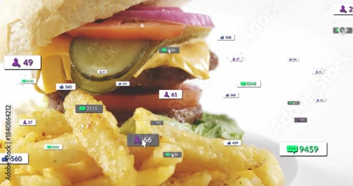 Stacked burger crinkle fries, UI popping on load, grouping, counting, moving right, showing metrics