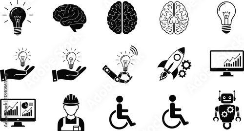 Collection of black and white icons representing ideas technology and people light bulb