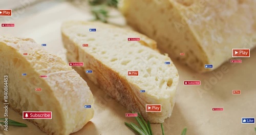 Badge appearance sending subscribe or play badges floating around two bread slices, showing buzz