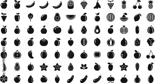 Collection of black fruit and vegetable icons on a white background vector