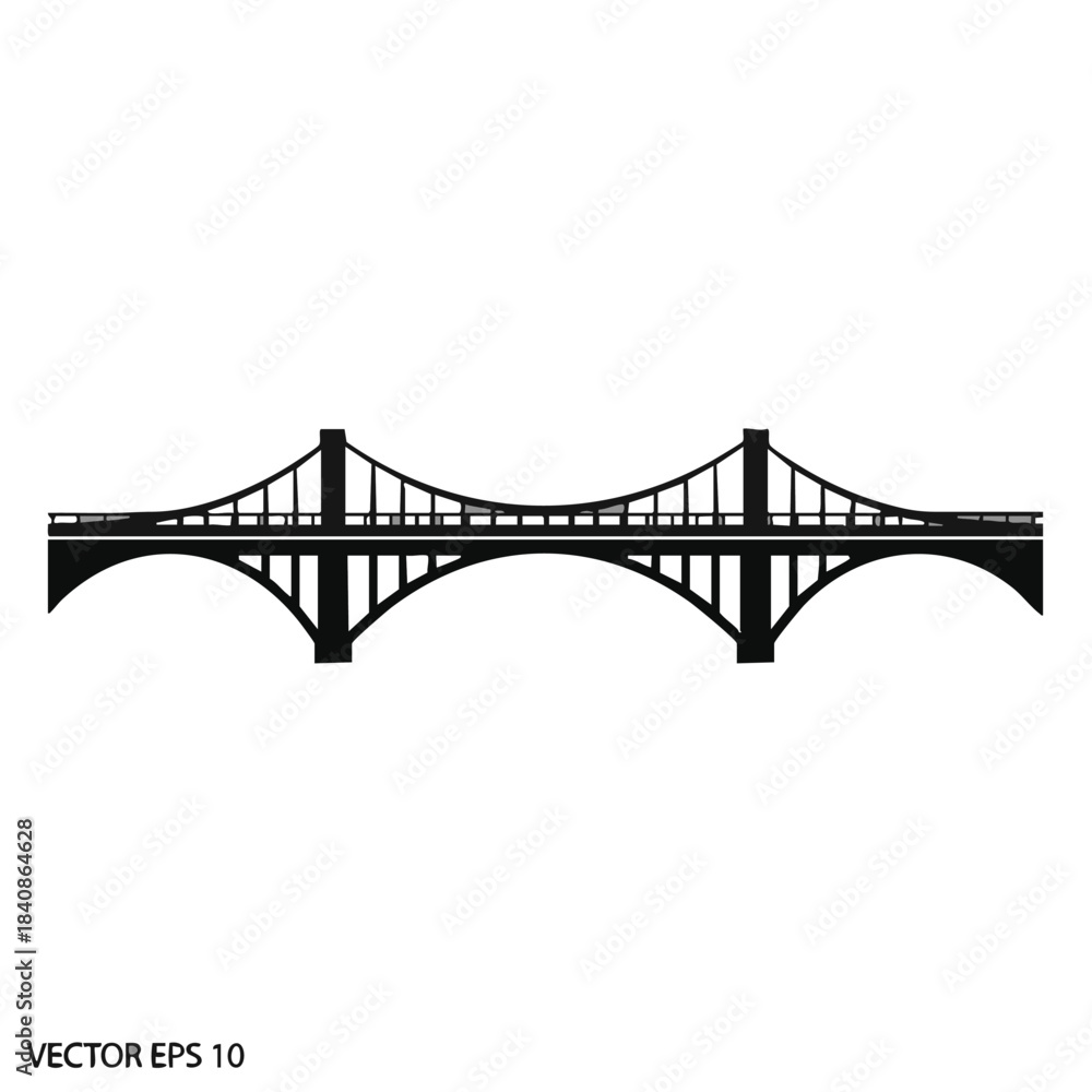 Fototapeta premium Black silhouette of a suspension bridge with two main towers and arches.