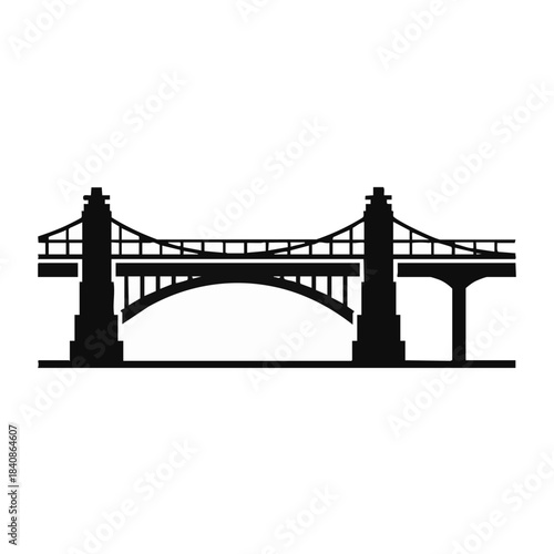 Silhouette of a suspension bridge with supporting pillars and cables.