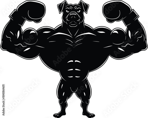 Muscular dog bodybuilder flexing biceps silhouette isolated on white background