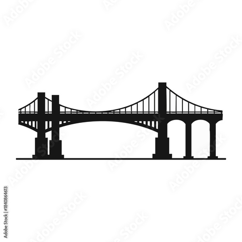Silhouette of a suspension bridge with towers and cables on white background.