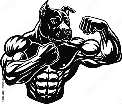 Muscular pitbull dog silhouette flexing muscles isolated on white background
