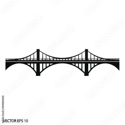 Black silhouette of a suspension bridge with two main towers and arches.