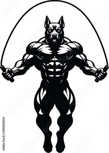 Muscular anthropomorphic dog silhouette exercising with jump rope isolated on white background