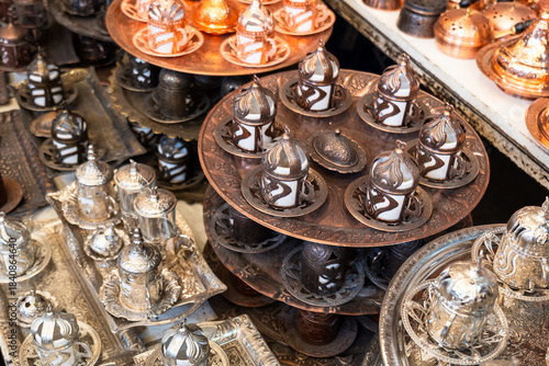 Turkish coffee cup set for traditional Turkish coffee. Small copper Turkish cups with traditional designs