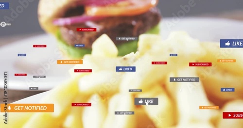 Social UI badges appearing and floating toward burger then landing on fries, simulating engagement