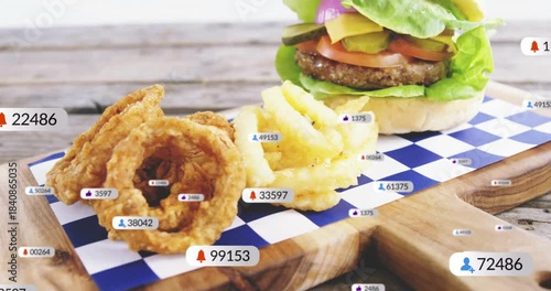 Overlay starting, badges rising and floating as cam panning right, revealing burger, showing buzz