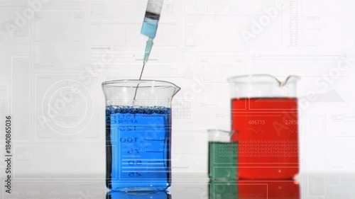 Needle dropping from above piercing big blue beaker syringe sinking pushing fluid rippling for demo