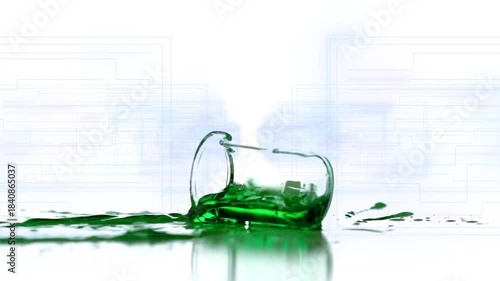 Glass entering upper-right, colliding, tipping and spilling green across mirror, creating splash
