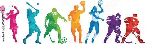 Diverse athletes in vibrant geometric silhouettes playing tennis baseball football basketball volleyball hockey